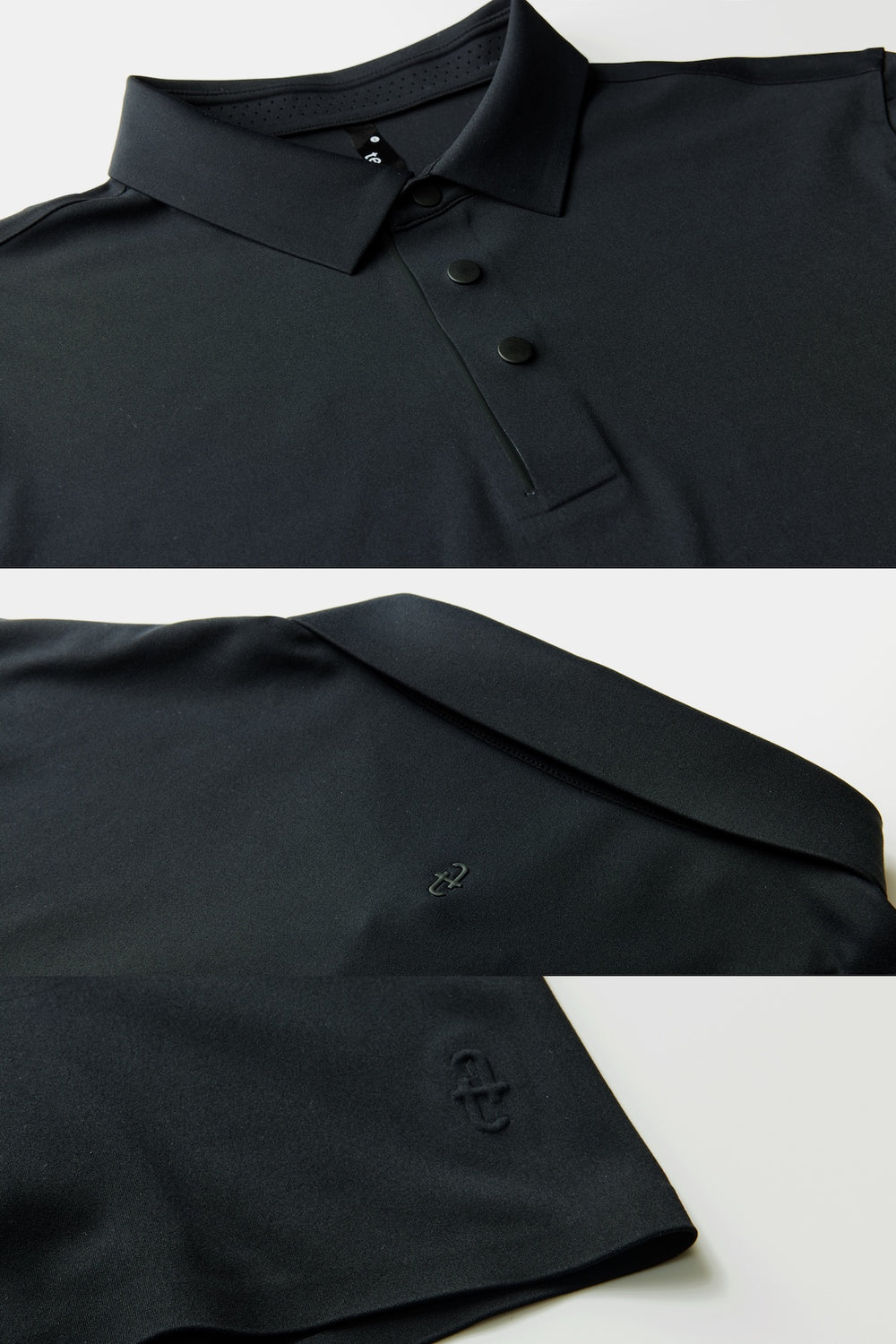 The TECHTEE black polo shirt with collar and buttons on a white background