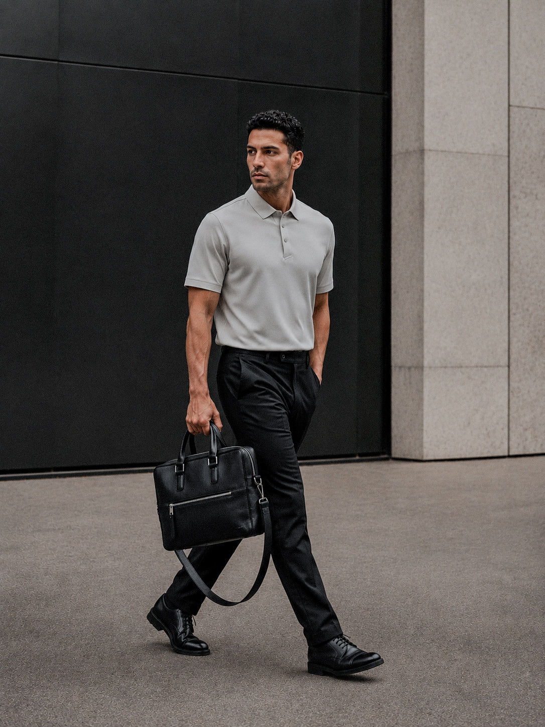Man in a TECHTEE grey polo shirt and black pants holding a black briefcase, walking against a modern building.