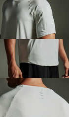 Light gray athletic shirt with textured pattern worn by a person, shown from different angles.