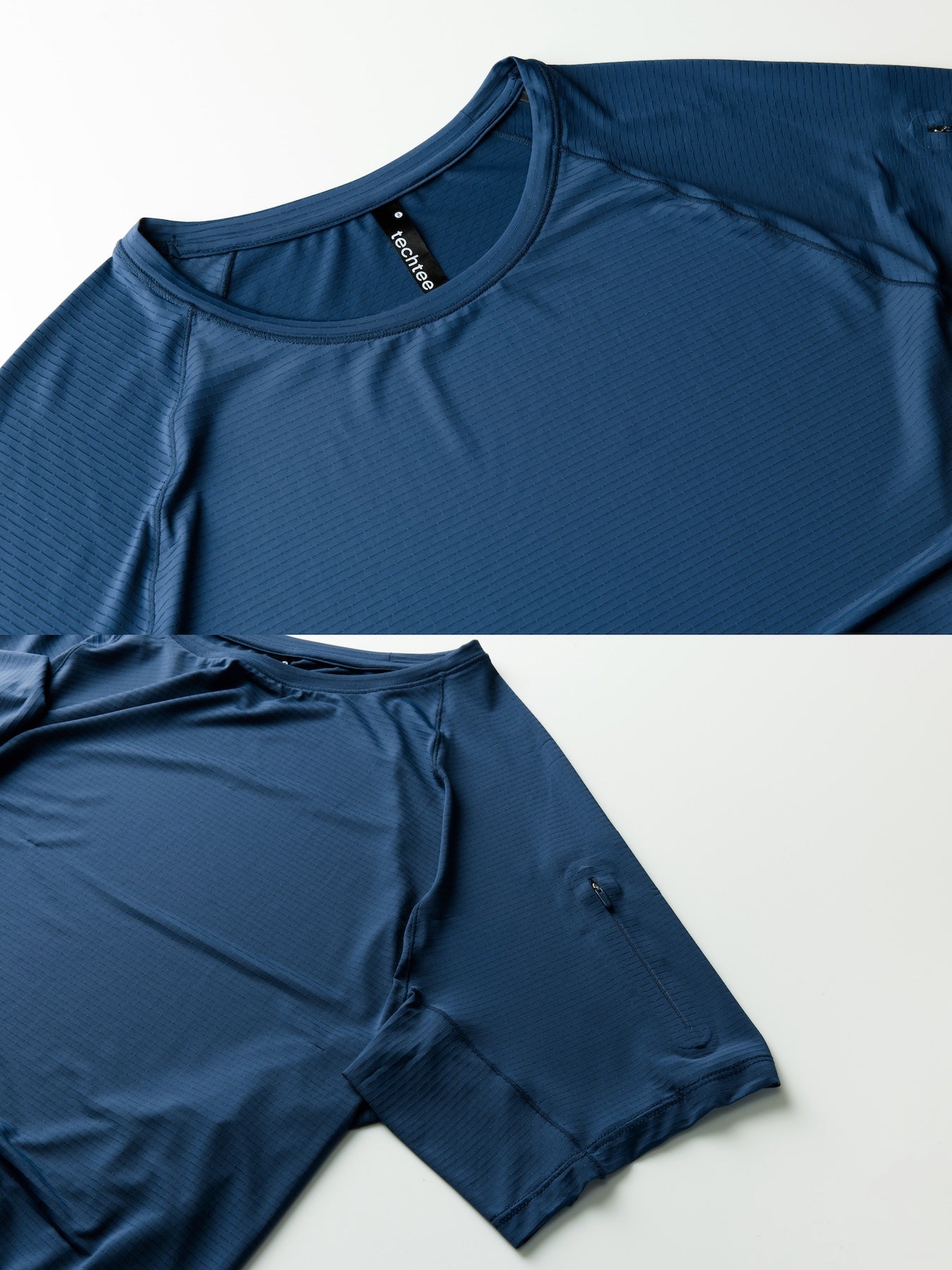 The TECHTEE blue athletic T-shirt and shorts set on a white background