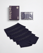 Set of navy blue boxer briefs with packaging on a white background