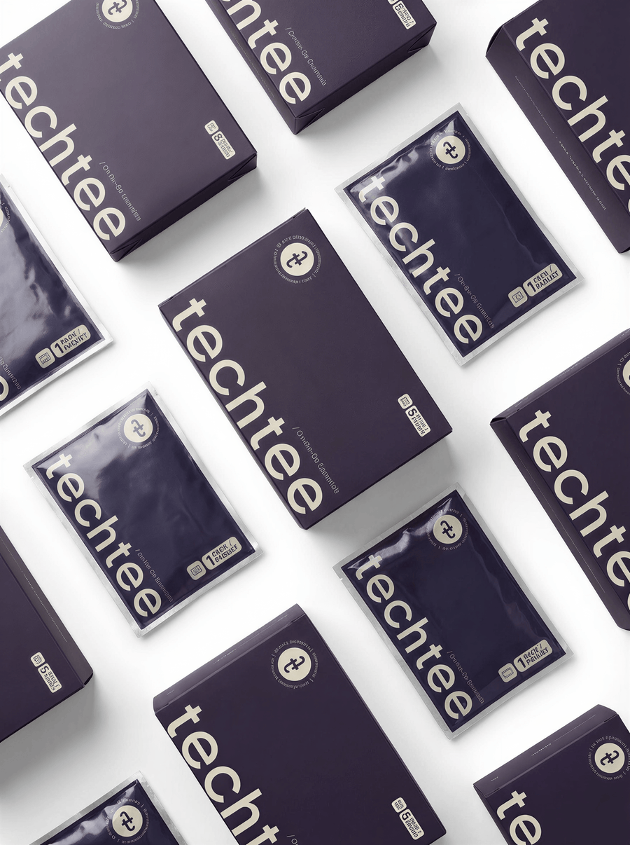 'Techtee' travel underwear packages arranged in a pattern on a white background