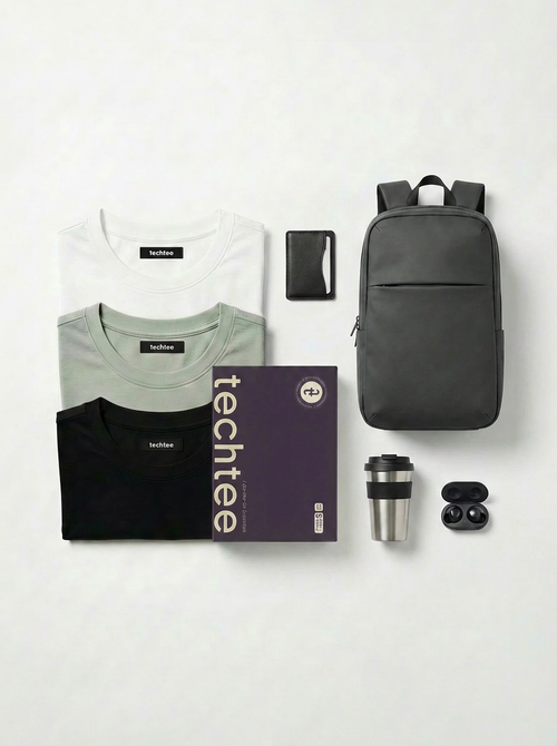 Collection of tech accessories including t-shirts, a backpack, and a travel mug on a white background with 'techtee' branding.