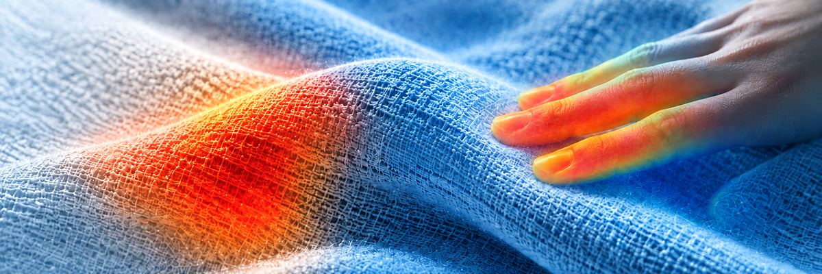 Illustration of a hand touching woven fabric with warm and cool colour zones.